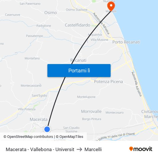 Macerata - Vallebona - Universit to Marcelli map