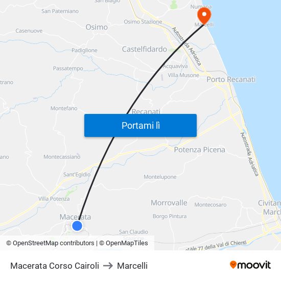 Macerata Corso Cairoli to Marcelli map