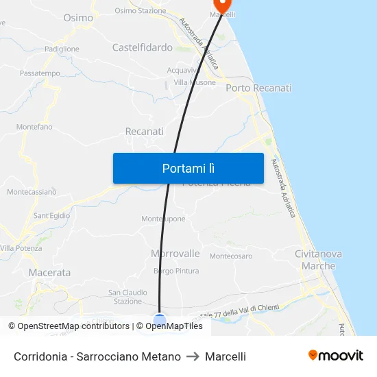Corridonia - Sarrocciano Metano to Marcelli map