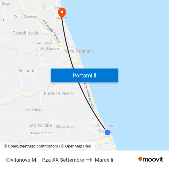 Civitanova M. - P.za XX Settembre to Marcelli map