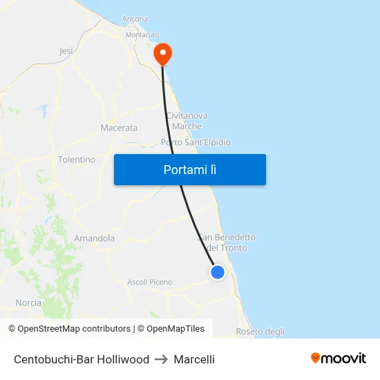 Centobuchi-Bar Holliwood to Marcelli map