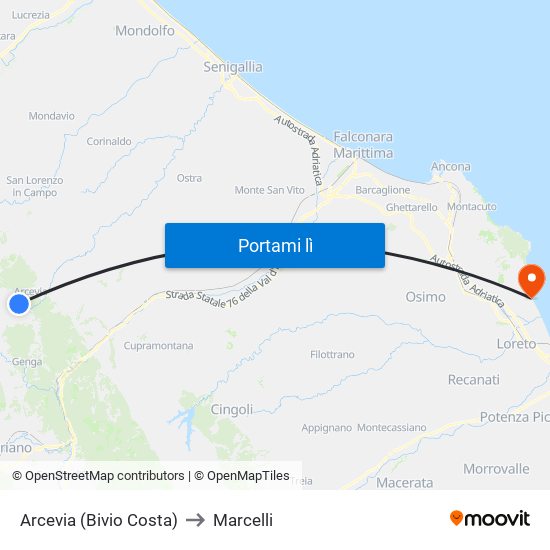 Arcevia (Bivio Costa) to Marcelli map