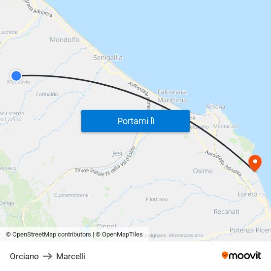 Orciano to Marcelli map