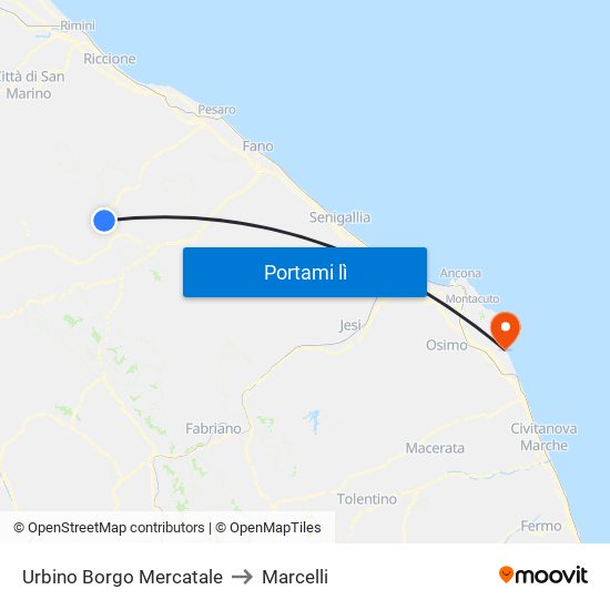 Urbino Borgo Mercatale to Marcelli map
