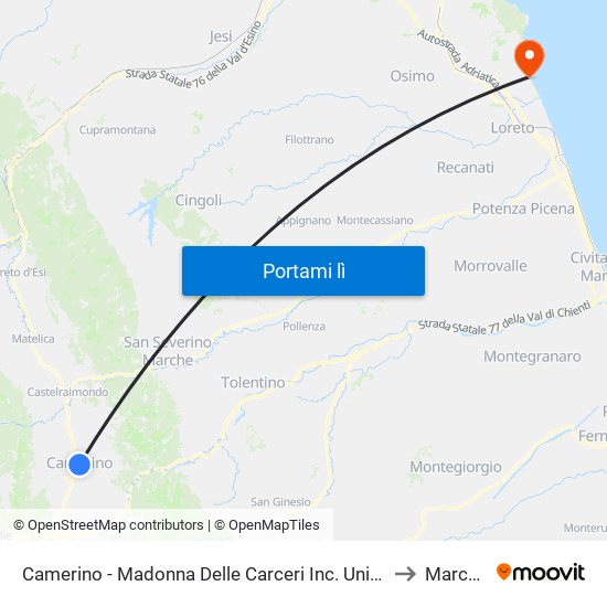 Camerino - Madonna Delle Carceri Inc. Unicam to Marcelli map