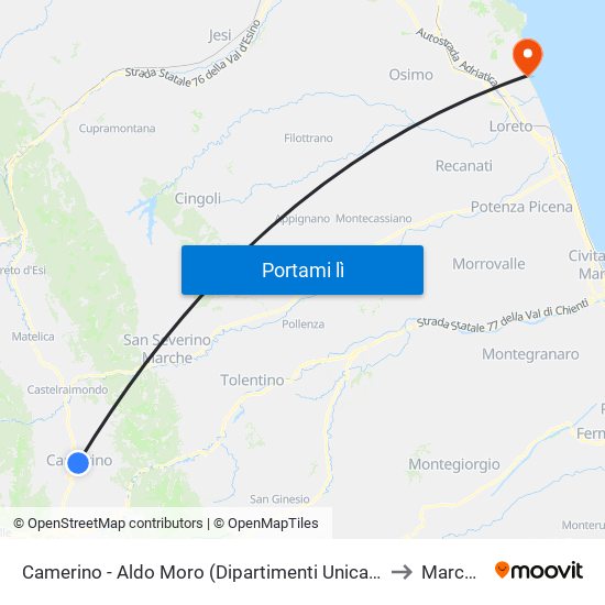Camerino - Aldo Moro (Dipartimenti Unicam) to Marcelli map