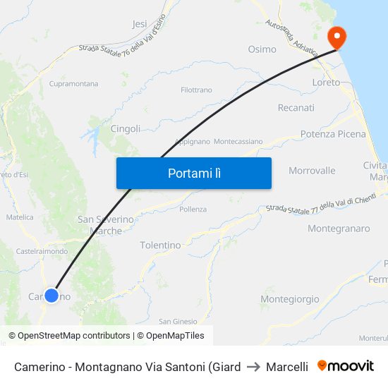 Camerino - Montagnano Via Santoni (Giard to Marcelli map