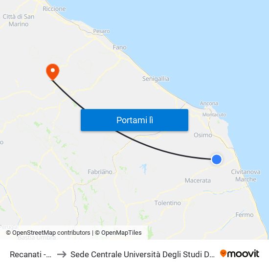 Recanati - I.T.I.S. to Sede Centrale Università Degli Studi Di Urbino Carlo Bo map