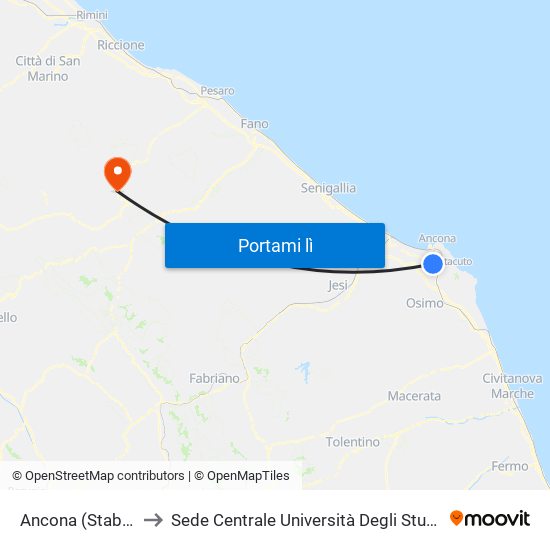 Ancona (Stab. Angelini) to Sede Centrale Università Degli Studi Di Urbino Carlo Bo map