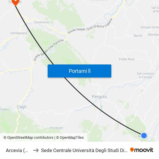 Arcevia (Borgo) to Sede Centrale Università Degli Studi Di Urbino Carlo Bo map