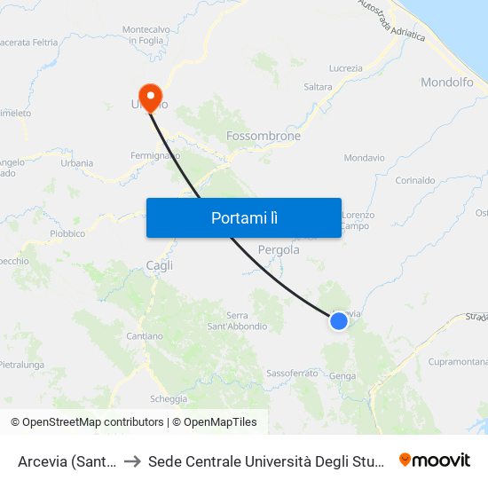 Arcevia (Santa Croce). to Sede Centrale Università Degli Studi Di Urbino Carlo Bo map