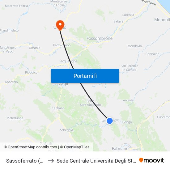 Sassoferrato (Via La Pace) to Sede Centrale Università Degli Studi Di Urbino Carlo Bo map