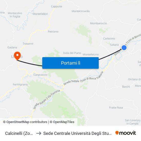 Calcinelli (Zona Ind.Le) to Sede Centrale Università Degli Studi Di Urbino Carlo Bo map