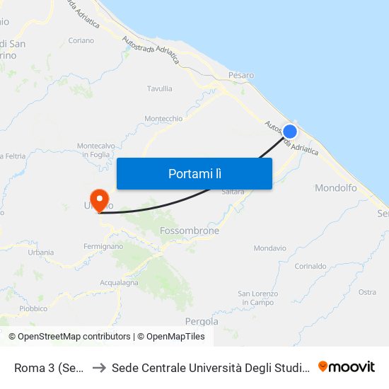 Roma 3 (Seminario) to Sede Centrale Università Degli Studi Di Urbino Carlo Bo map