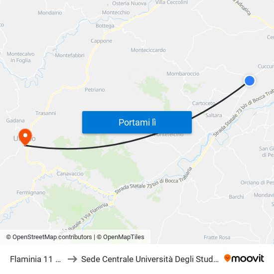 Flaminia 11 (Carrara) to Sede Centrale Università Degli Studi Di Urbino Carlo Bo map