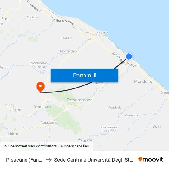 Pisacane (Fano Gomme) to Sede Centrale Università Degli Studi Di Urbino Carlo Bo map