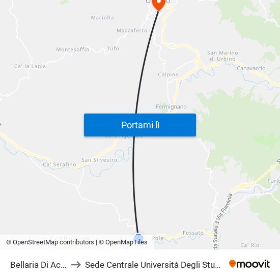 Bellaria Di Acqualagna to Sede Centrale Università Degli Studi Di Urbino Carlo Bo map