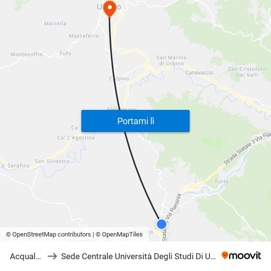 Acqualagna to Sede Centrale Università Degli Studi Di Urbino Carlo Bo map