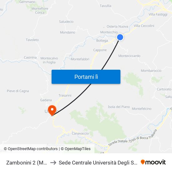 Zambonini 2 (Montelabbate) to Sede Centrale Università Degli Studi Di Urbino Carlo Bo map