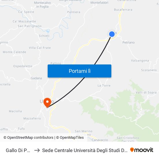 Gallo Di Petriano to Sede Centrale Università Degli Studi Di Urbino Carlo Bo map