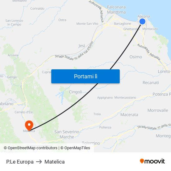 P.Le Europa to Matelica map