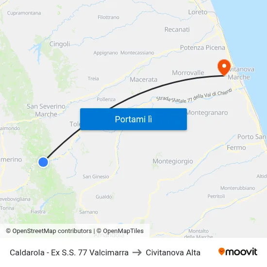 Caldarola - Ex S.S. 77 Valcimarra to Civitanova Alta map