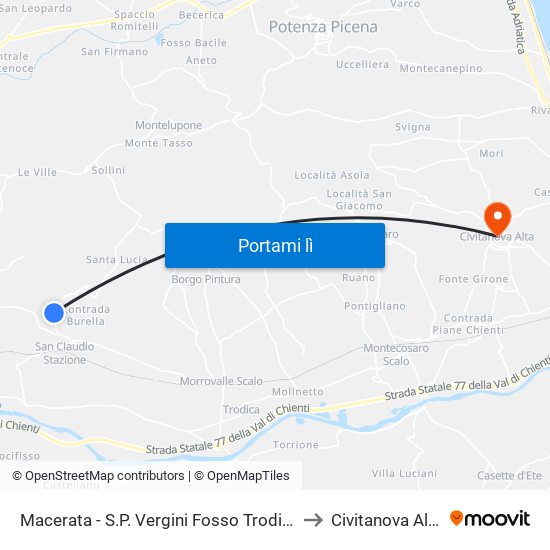 Macerata - S.P. Vergini Fosso Trodica to Civitanova Alta map