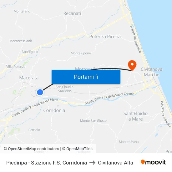Piediripa - Stazione F.S. Corridonia to Civitanova Alta map