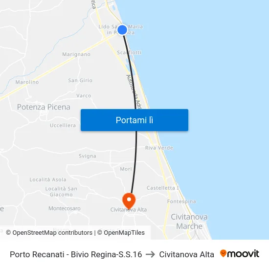 Porto Recanati - Bivio Regina-S.S.16 to Civitanova Alta map