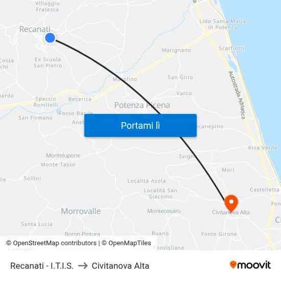 Recanati - I.T.I.S. to Civitanova Alta map