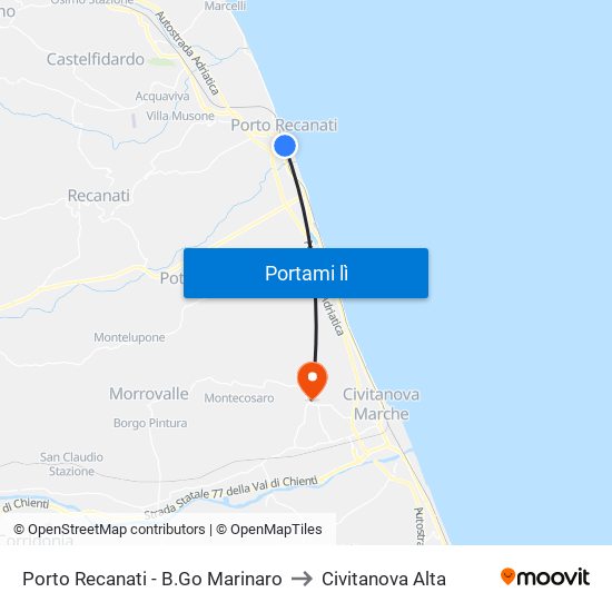 Porto Recanati - B.Go Marinaro to Civitanova Alta map