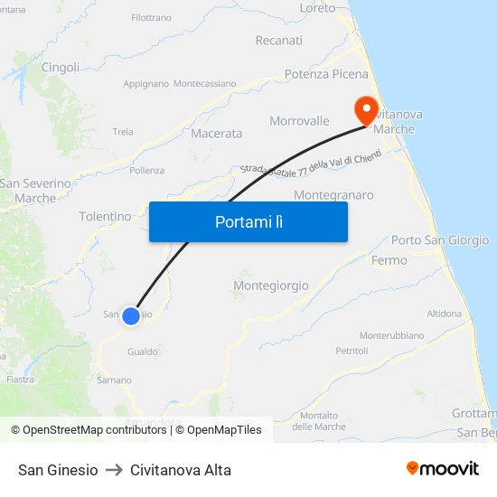 San Ginesio to Civitanova Alta map