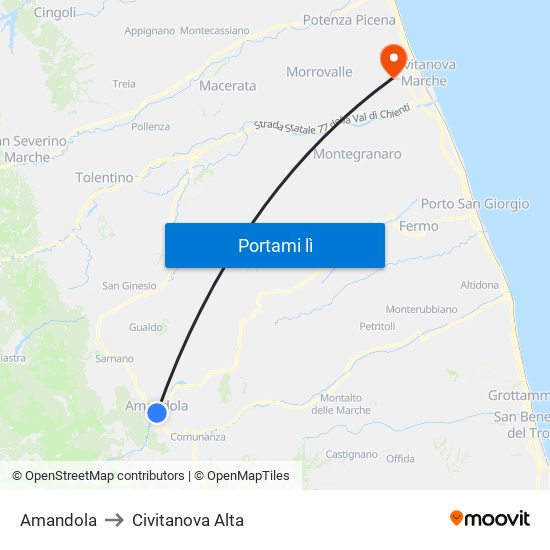 Amandola to Civitanova Alta map