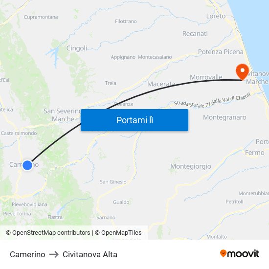 Camerino to Civitanova Alta map