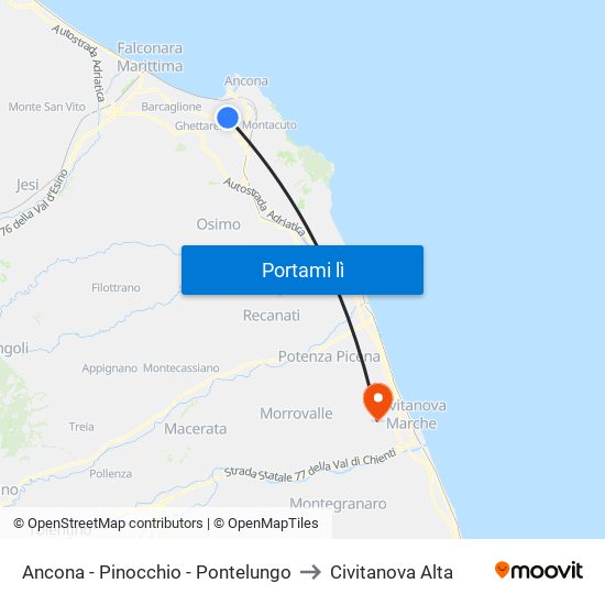 Ancona - Pinocchio - Pontelungo to Civitanova Alta map