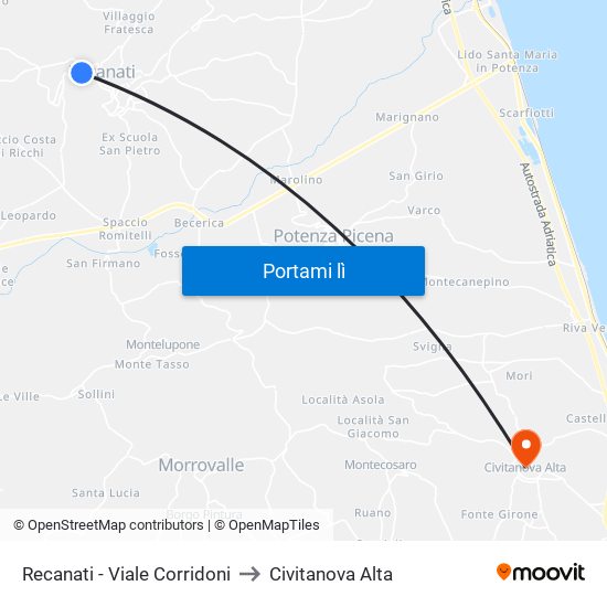 Recanati - Viale Corridoni to Civitanova Alta map