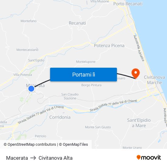 Macerata to Civitanova Alta map