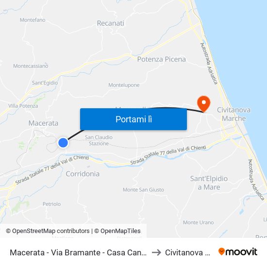 Macerata - Via Bramante - Casa Cantonier to Civitanova Alta map