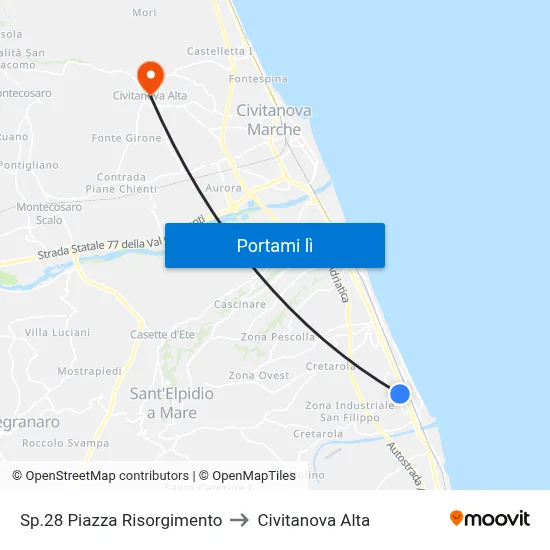 Sp.28 Piazza Risorgimento to Civitanova Alta map