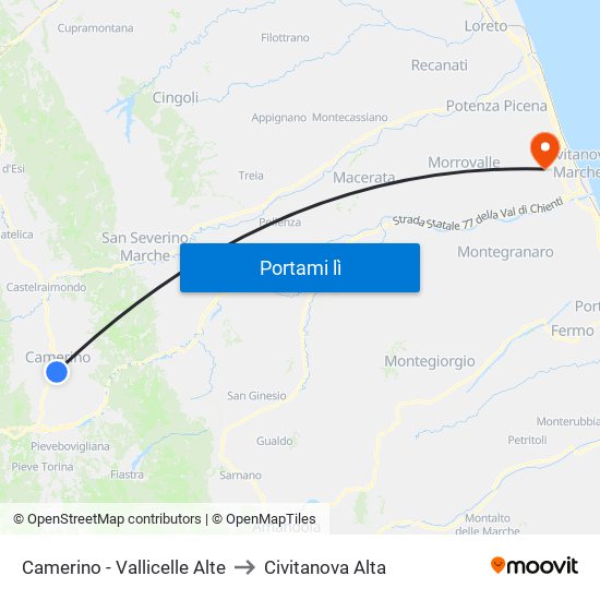 Camerino - Vallicelle Alte to Civitanova Alta map