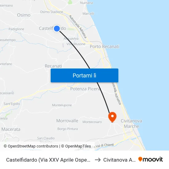 Castelfidardo (Via XXV Aprile Ospedale) to Civitanova Alta map