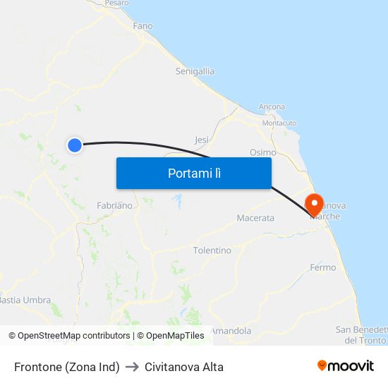 Frontone (Zona Ind) to Civitanova Alta map