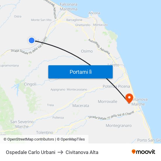 Ospedale Carlo Urbani to Civitanova Alta map