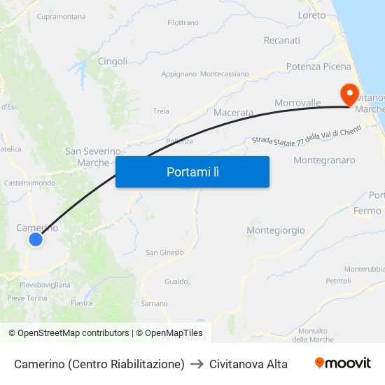 Camerino (Centro Riabilitazione) to Civitanova Alta map