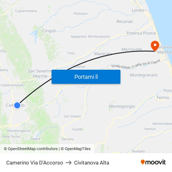 Camerino Via D'Accorso to Civitanova Alta map