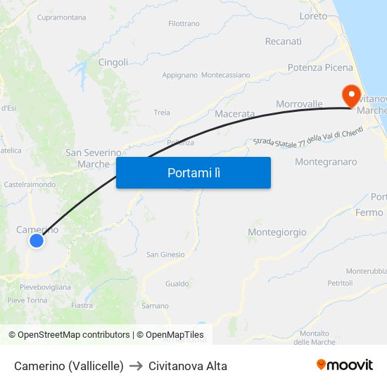 Camerino  (Vallicelle) to Civitanova Alta map