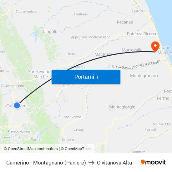 Camerino - Montagnano (Paniere) to Civitanova Alta map