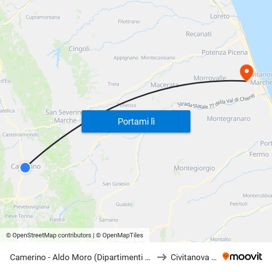 Camerino - Aldo Moro (Dipartimenti Unicam) to Civitanova Alta map