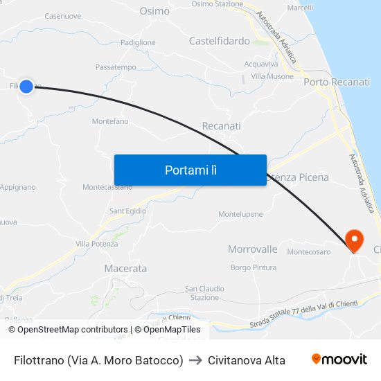 Filottrano (Via A. Moro Batocco) to Civitanova Alta map