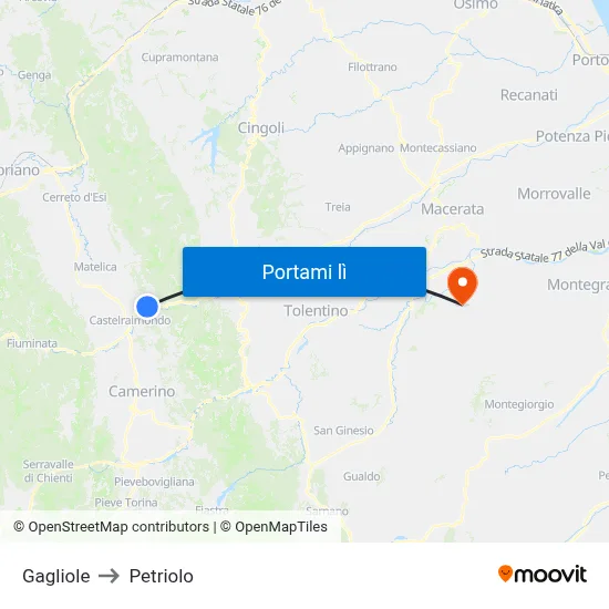Gagliole to Petriolo map
